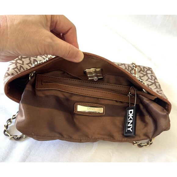 DKNY Brown Monogram Jacquard Logo Chain Strap Small Crossbody Shoulder Bag - Picture 10 of 16